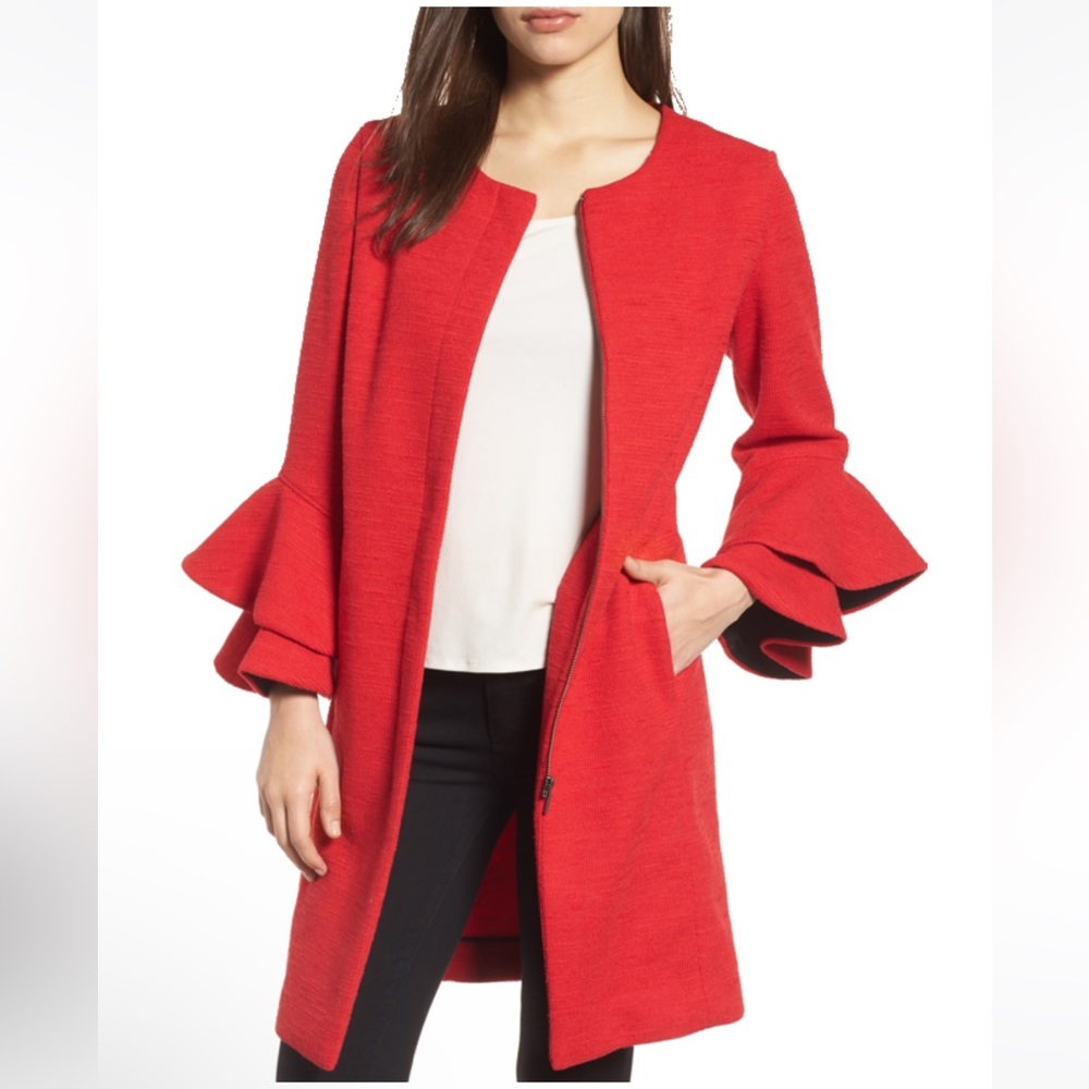 EUC Emerson Rose Ruffle Sleeve Long Jacket red Xmas Christmas holidays long coat